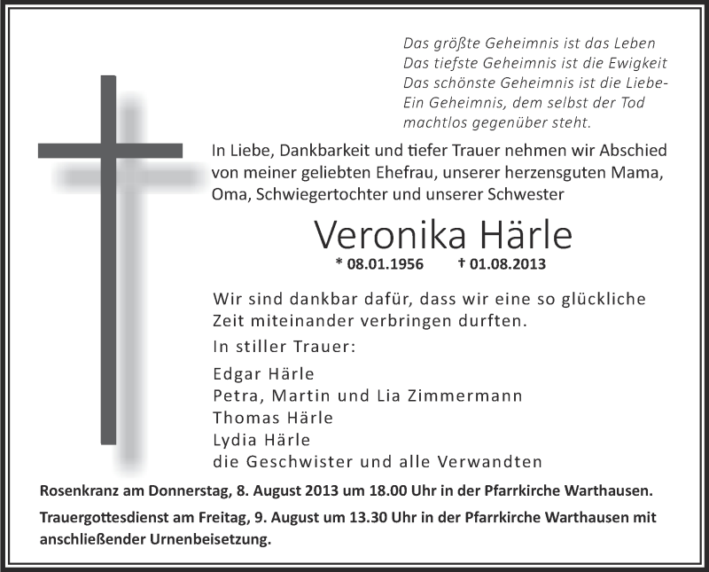  Traueranzeige für Veronika Härle vom 06.08.2013 aus Schwäbische Zeitung