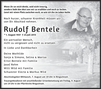 Anzeige von Rudolf Bentele von Schwäbische Zeitung