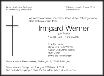 Anzeige von Irmgard Werner von Schwäbische Zeitung
