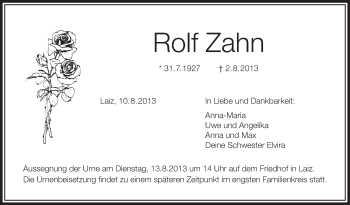 Anzeige von Rolf Zahn von Schwäbische Zeitung