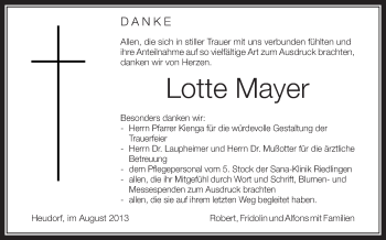 Anzeige von Lotte Mayer von Schwäbische Zeitung