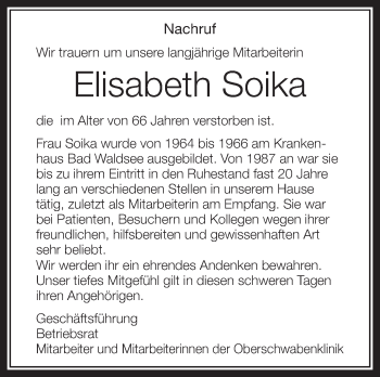 Anzeige von Elisabeth Soika von Schwäbische Zeitung
