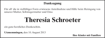 Anzeige von Theresia Schroeter von Schwäbische Zeitung