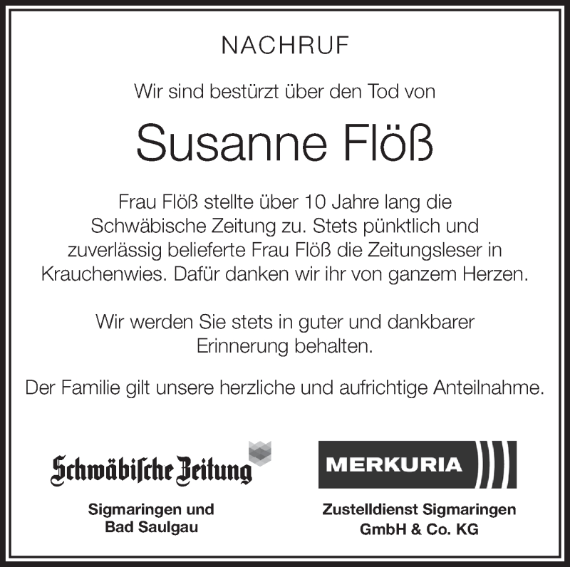  Traueranzeige für Susanne Flöß vom 07.08.2013 aus Schwäbische Zeitung