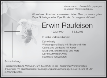 Anzeige von Erwin Raufeisen von Schwäbische Zeitung