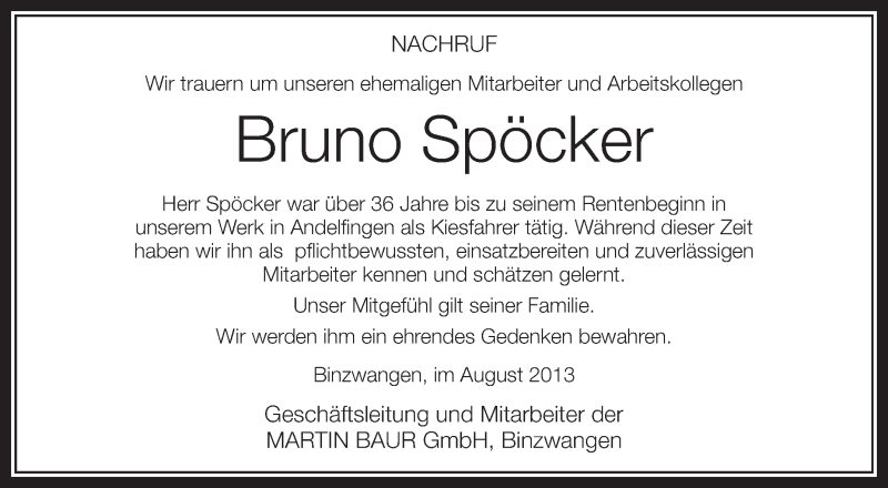  Traueranzeige für Bruno Spöcker vom 07.08.2013 aus Schwäbische Zeitung