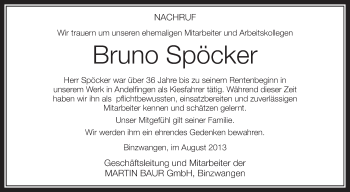 Anzeige von Bruno Spöcker von Schwäbische Zeitung