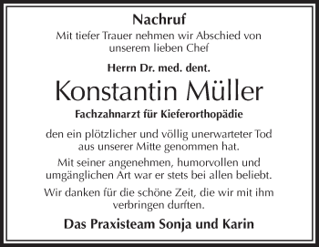 Anzeige von Konstantin Müller von Schwäbische Zeitung