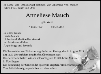 Anzeige von Anneliese Mauch von Schwäbische Zeitung