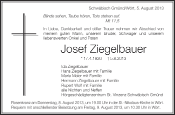 Anzeige von Josef Ziegelbauer von Schwäbische Zeitung