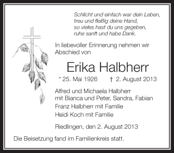 Anzeige von Erika Halbherr von Schwäbische Zeitung