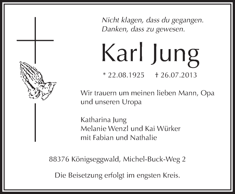  Traueranzeige für Karl Jung vom 07.08.2013 aus Schwäbische Zeitung