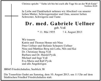Anzeige von Gabriele Uellner von Schwäbische Zeitung