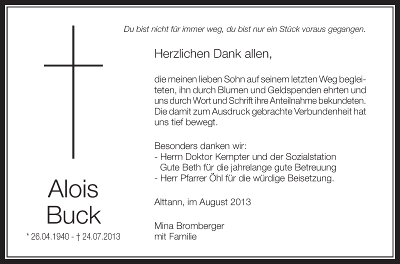  Traueranzeige für Alois Buck vom 07.08.2013 aus Schwäbische Zeitung