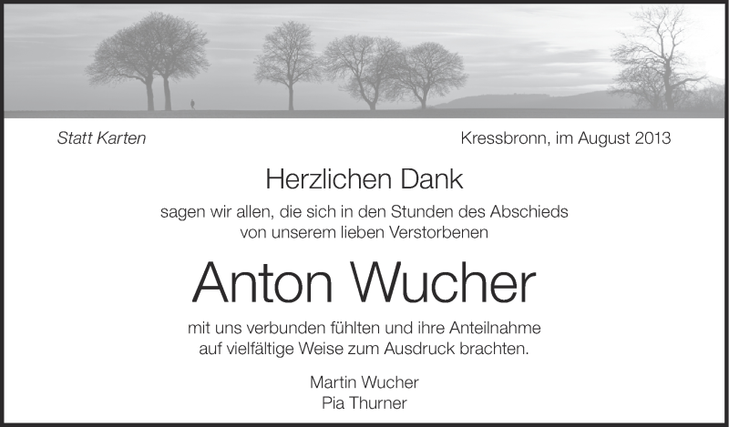  Traueranzeige für Anton Wucher vom 10.08.2013 aus Schwäbische Zeitung