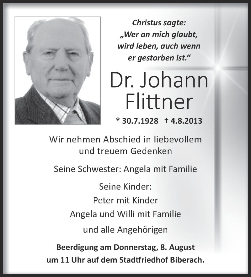 Traueranzeige für Johann Flittner vom 07.08.2013 aus Schwäbische Zeitung