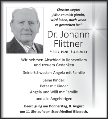 Anzeige von Johann Flittner von Schwäbische Zeitung