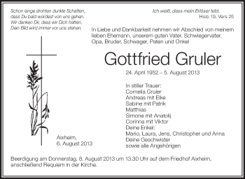 Anzeige von Gottfried Gruler von Schwäbische Zeitung