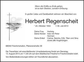 Anzeige von Herbert Regenscheit von Schwäbische Zeitung