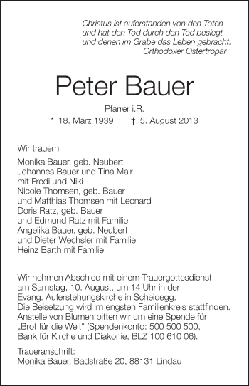Anzeige von Peter Bauer von Schwäbische Zeitung