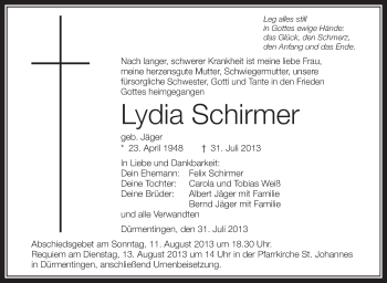 Anzeige von Lydia Schirmer von Schwäbische Zeitung