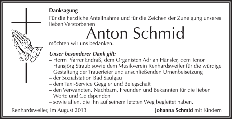  Traueranzeige für Anton Schmid vom 09.08.2013 aus Schwäbische Zeitung