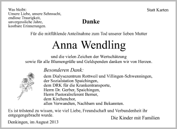 Anzeige von Anna Wendling von Schwäbische Zeitung