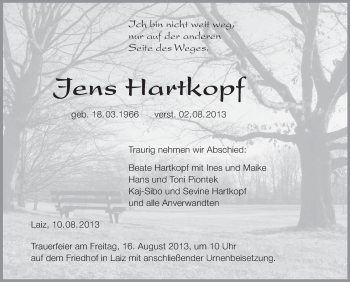 Anzeige von Jens Hartkopf von Schwäbische Zeitung