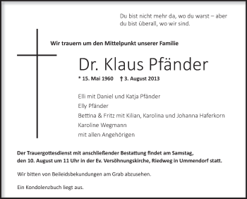 Anzeige von Klaus Pfänder von Schwäbische Zeitung