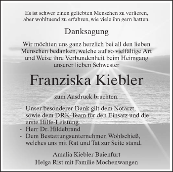 Anzeige von Franziska Kiebler von Schwäbische Zeitung