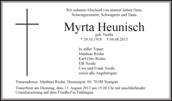 Anzeige von Myrta Heunisch von Schwäbische Zeitung