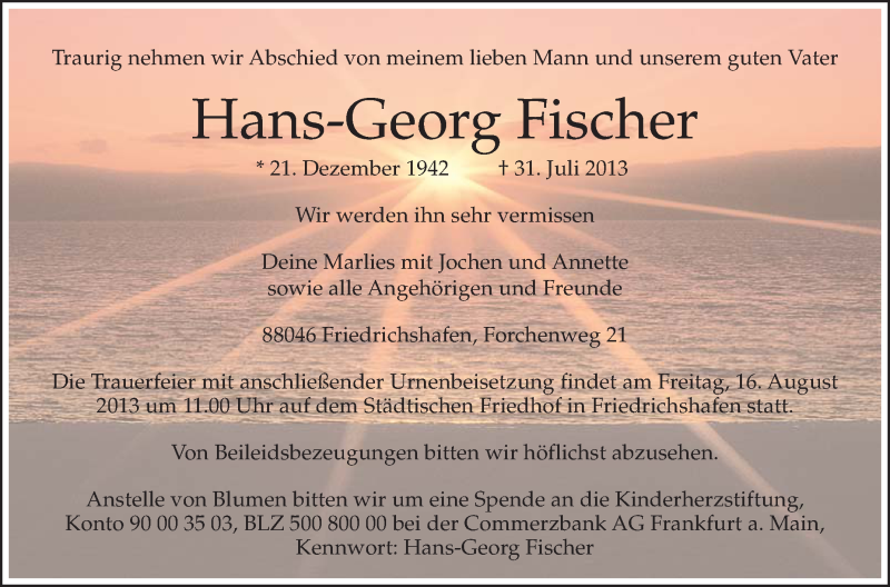  Traueranzeige für Hans-Georg Fischer vom 12.08.2013 aus Schwäbische Zeitung