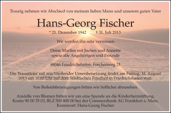Anzeige von Hans-Georg Fischer von Schwäbische Zeitung