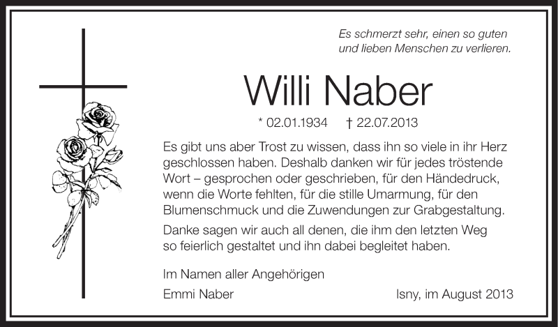  Traueranzeige für Willi Naber vom 09.08.2013 aus Schwäbische Zeitung