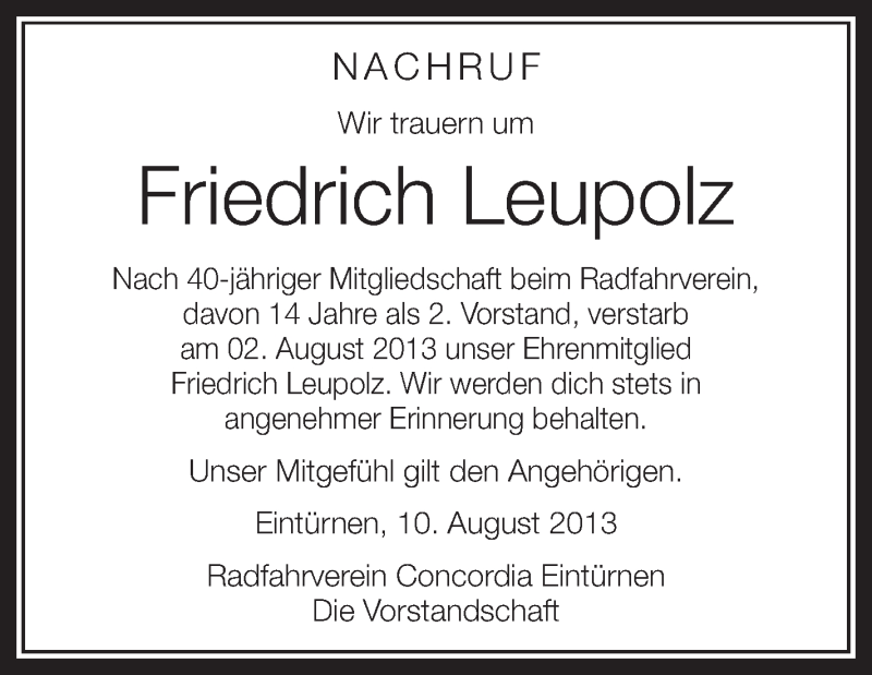  Traueranzeige für Friedrich Leupolz vom 10.08.2013 aus Schwäbische Zeitung