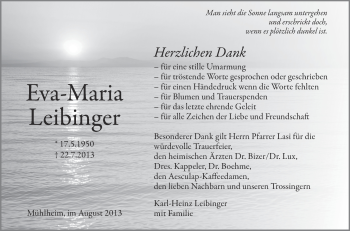 Anzeige von Eva-Maria Leibinger von Schwäbische Zeitung