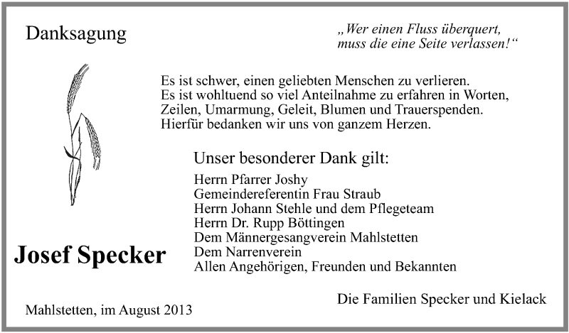  Traueranzeige für Josef Specker vom 10.08.2013 aus Schwäbische Zeitung