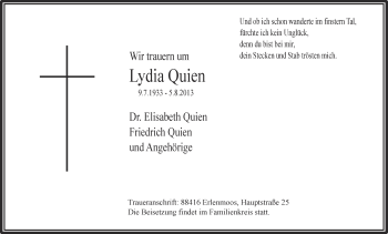 Anzeige von Lydia Ouien von Schwäbische Zeitung