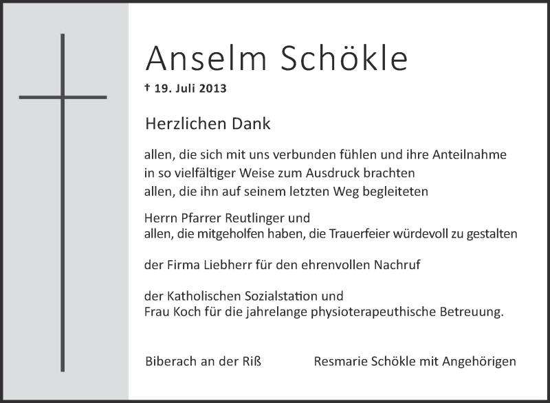  Traueranzeige für Anselm Schökle vom 10.08.2013 aus Schwäbische Zeitung