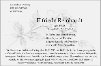Anzeige von Elfriede Reinhardt von Schwäbische Zeitung