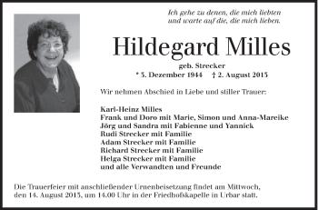 Anzeige von Hildegard Milles von Schwäbische Zeitung
