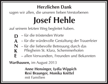 Anzeige von Josef Hehle von Schwäbische Zeitung