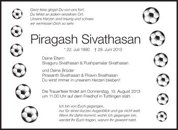 Anzeige von Piragash Sivathasan von Schwäbische Zeitung