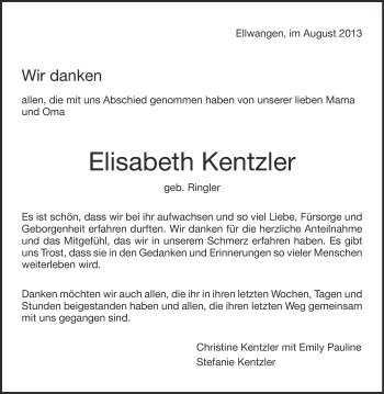 Anzeige von Elisabeth Kentzler von Schwäbische Zeitung