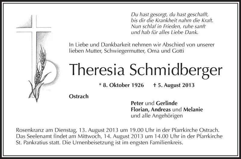  Traueranzeige für Theresia Schmidberger vom 12.08.2013 aus Schwäbische Zeitung