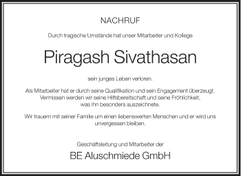 Anzeige von Piragash Sivathasan von Schwäbische Zeitung