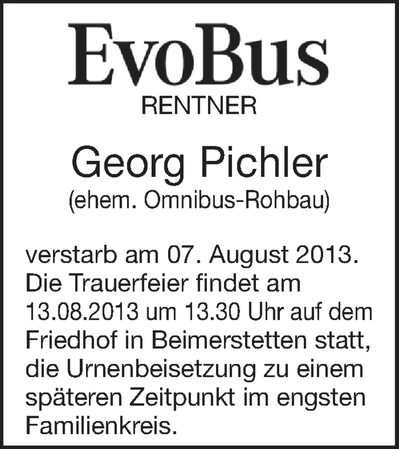  Traueranzeige für Georg Pichler vom 10.08.2013 aus Schwäbische Zeitung