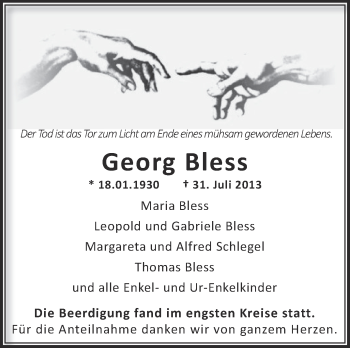 Anzeige von Georg Bless von Schwäbische Zeitung