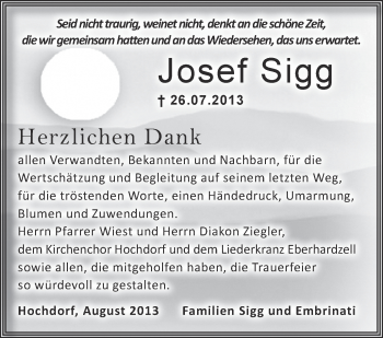 Anzeige von Josef Sigg von Schwäbische Zeitung