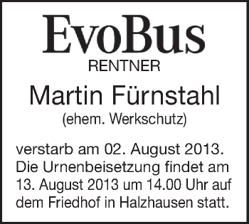 Anzeige von Martin Fürnstahl von Schwäbische Zeitung